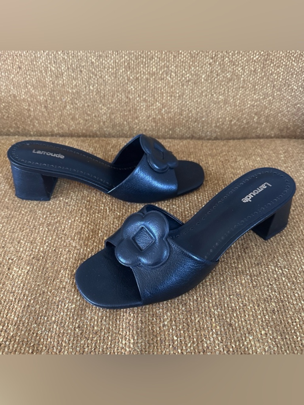 Black Larroudé Floral Leather Sandals